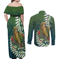 New Zealand Kea Bird Couples Matching Off Shoulder Maxi Dress and Long Sleeve Button Shirt With Maori Koru Fern LT05 - Polynesian Pride