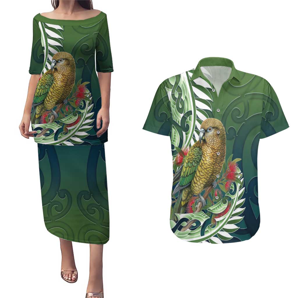 New Zealand Kea Bird Couples Matching Puletasi and Hawaiian Shirt With Maori Koru Fern LT05 Green - Polynesian Pride