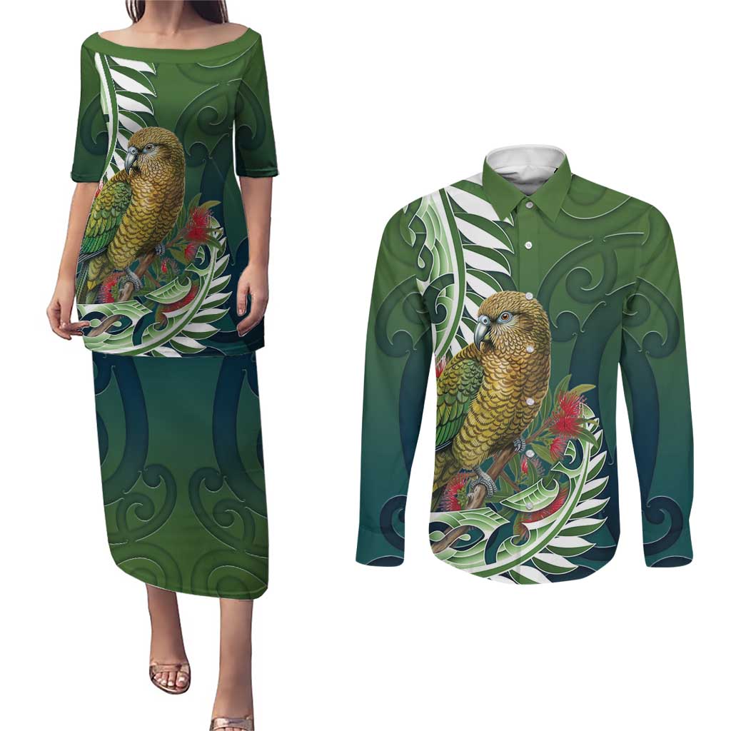 New Zealand Kea Bird Couples Matching Puletasi and Long Sleeve Button Shirt With Maori Koru Fern LT05 Green - Polynesian Pride
