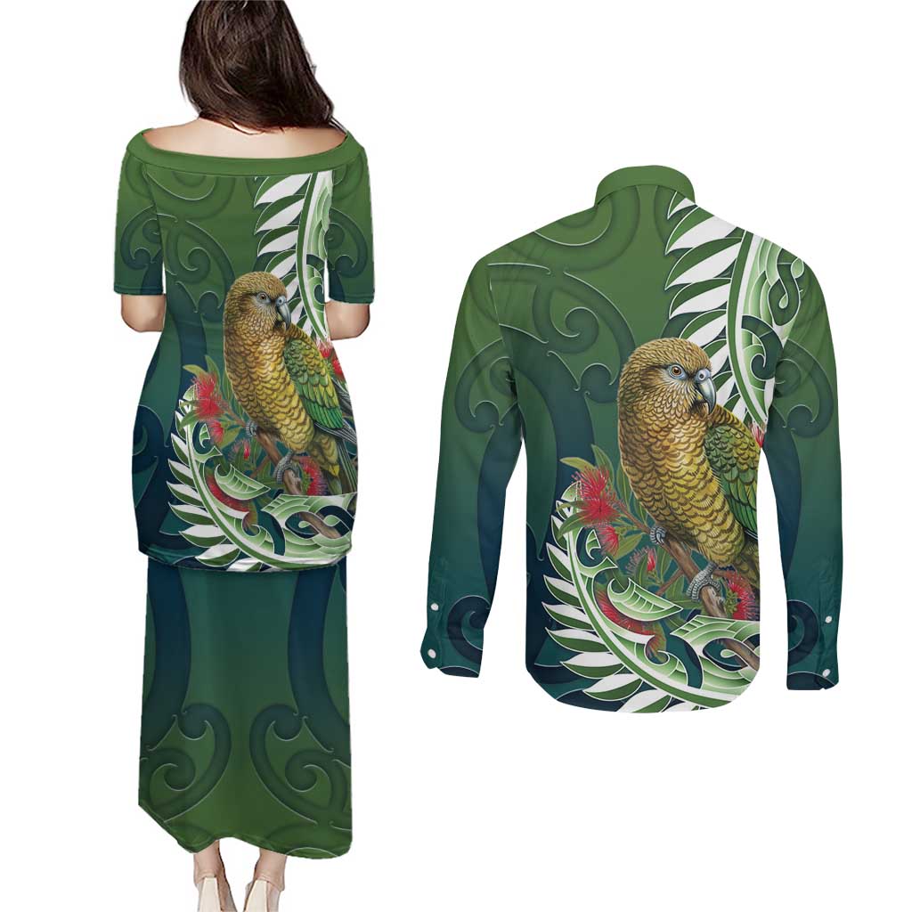 New Zealand Kea Bird Couples Matching Puletasi and Long Sleeve Button Shirt With Maori Koru Fern LT05 - Polynesian Pride