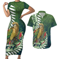 New Zealand Kea Bird Couples Matching Short Sleeve Bodycon Dress and Hawaiian Shirt With Maori Koru Fern LT05 Green - Polynesian Pride