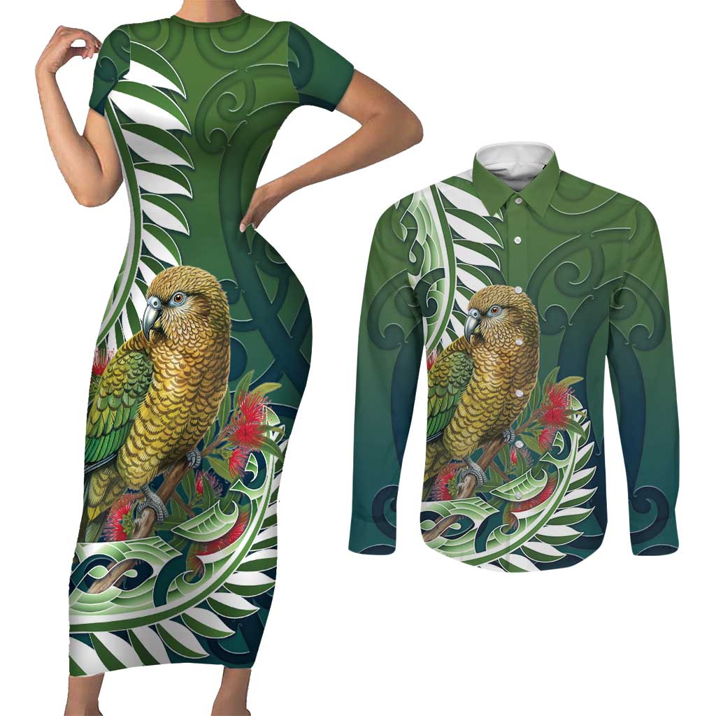 New Zealand Kea Bird Couples Matching Short Sleeve Bodycon Dress and Long Sleeve Button Shirt With Maori Koru Fern - Polynesian Pride
