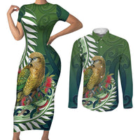 New Zealand Kea Bird Couples Matching Short Sleeve Bodycon Dress and Long Sleeve Button Shirt With Maori Koru Fern LT05 Green - Polynesian Pride