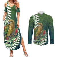 New Zealand Kea Bird Couples Matching Summer Maxi Dress and Long Sleeve Button Shirt With Maori Koru Fern LT05 Green - Polynesian Pride