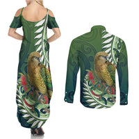 New Zealand Kea Bird Couples Matching Summer Maxi Dress and Long Sleeve Button Shirt With Maori Koru Fern LT05 - Polynesian Pride