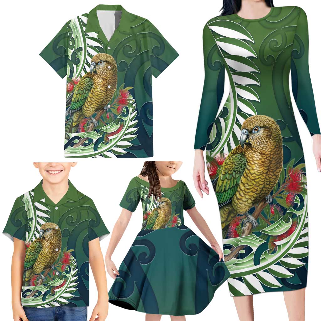 New Zealand Kea Bird Family Matching Long Sleeve Bodycon Dress and Hawaiian Shirt With Maori Koru Fern LT05 - Polynesian Pride