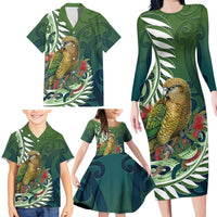 New Zealand Kea Bird Family Matching Long Sleeve Bodycon Dress and Hawaiian Shirt With Maori Koru Fern LT05 - Polynesian Pride