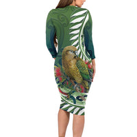 New Zealand Kea Bird Family Matching Long Sleeve Bodycon Dress and Hawaiian Shirt With Maori Koru Fern LT05 - Polynesian Pride