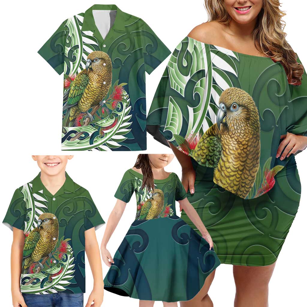 New Zealand Kea Bird Family Matching Off Shoulder Short Dress and Hawaiian Shirt With Maori Koru Fern LT05 - Polynesian Pride