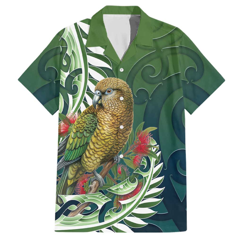 New Zealand Kea Bird Family Matching Off Shoulder Short Dress and Hawaiian Shirt With Maori Koru Fern LT05 Dad's Shirt - Short Sleeve Green - Polynesian Pride