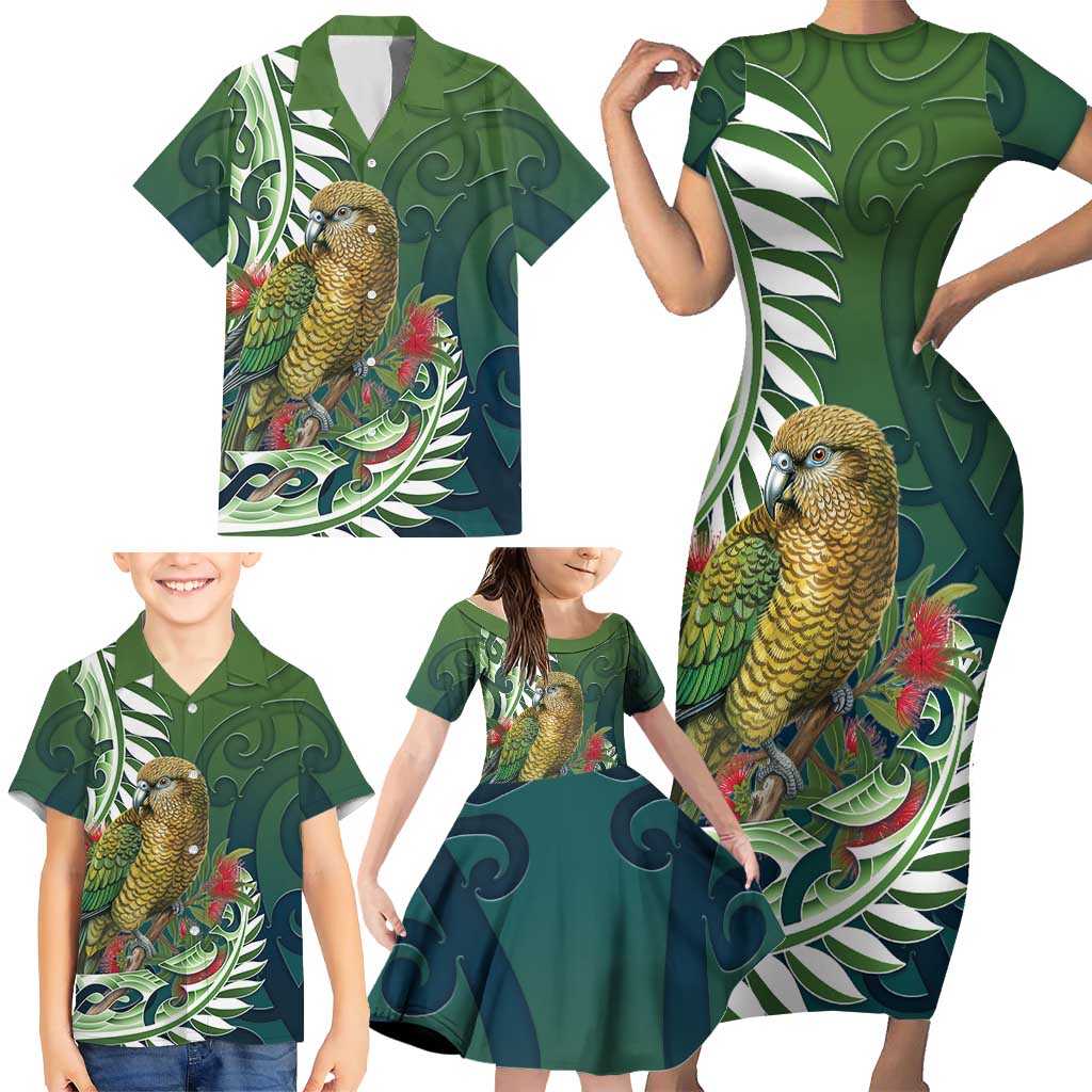 New Zealand Kea Bird Family Matching Short Sleeve Bodycon Dress and Hawaiian Shirt With Maori Koru Fern - Polynesian Pride