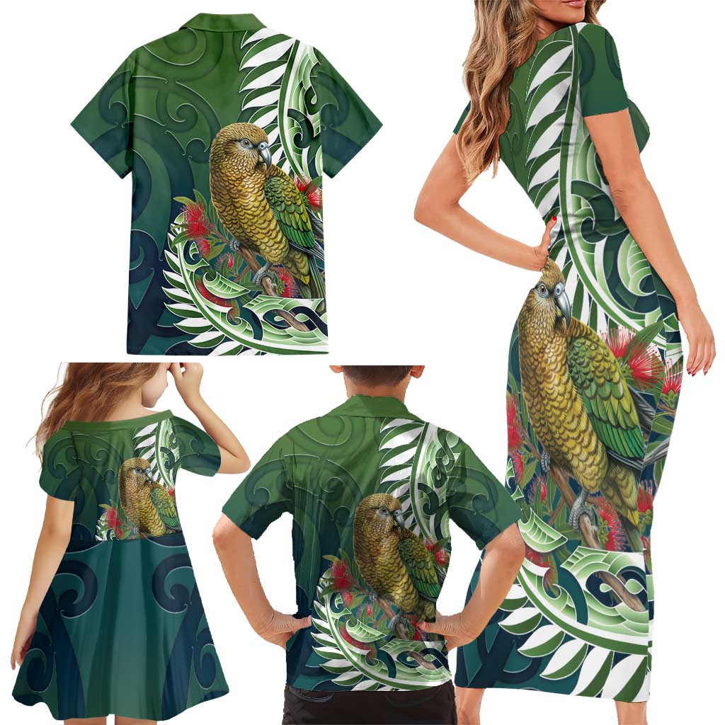 New Zealand Kea Bird Family Matching Short Sleeve Bodycon Dress and Hawaiian Shirt With Maori Koru Fern LT05 - Polynesian Pride