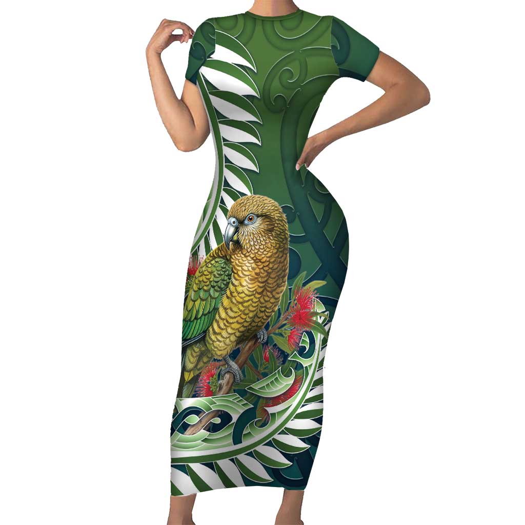 New Zealand Kea Bird Family Matching Short Sleeve Bodycon Dress and Hawaiian Shirt With Maori Koru Fern LT05 Mom's Dress Green - Polynesian Pride