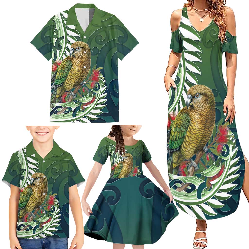New Zealand Kea Bird Family Matching Summer Maxi Dress and Hawaiian Shirt With Maori Koru Fern LT05 - Polynesian Pride