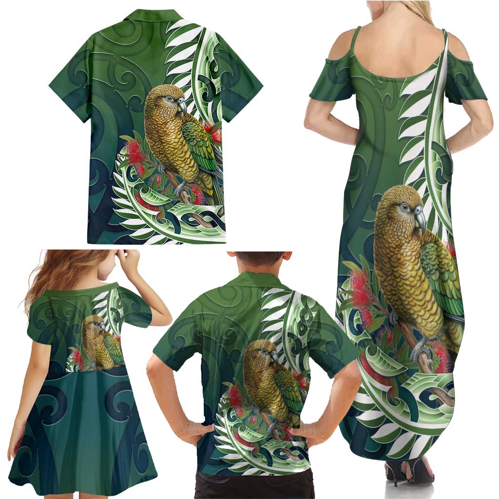 New Zealand Kea Bird Family Matching Summer Maxi Dress and Hawaiian Shirt With Maori Koru Fern LT05 - Polynesian Pride