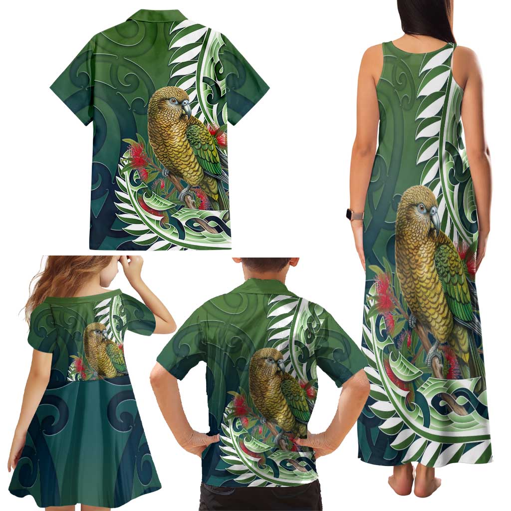 New Zealand Kea Bird Family Matching Tank Maxi Dress and Hawaiian Shirt With Maori Koru Fern LT05 - Polynesian Pride