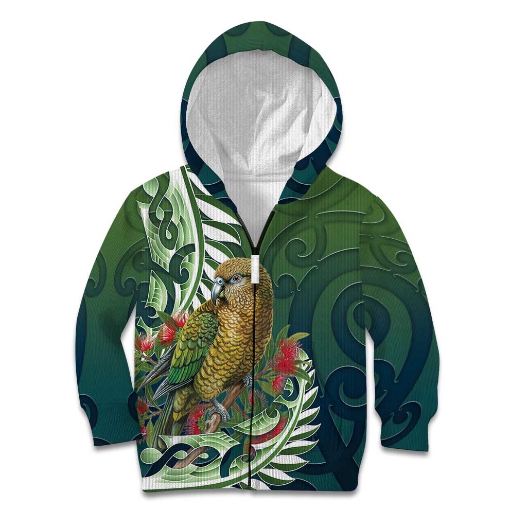 New Zealand Kea Bird Kid Hoodie With Maori Koru Fern LT05 Zip Hoodie Green - Polynesian Pride