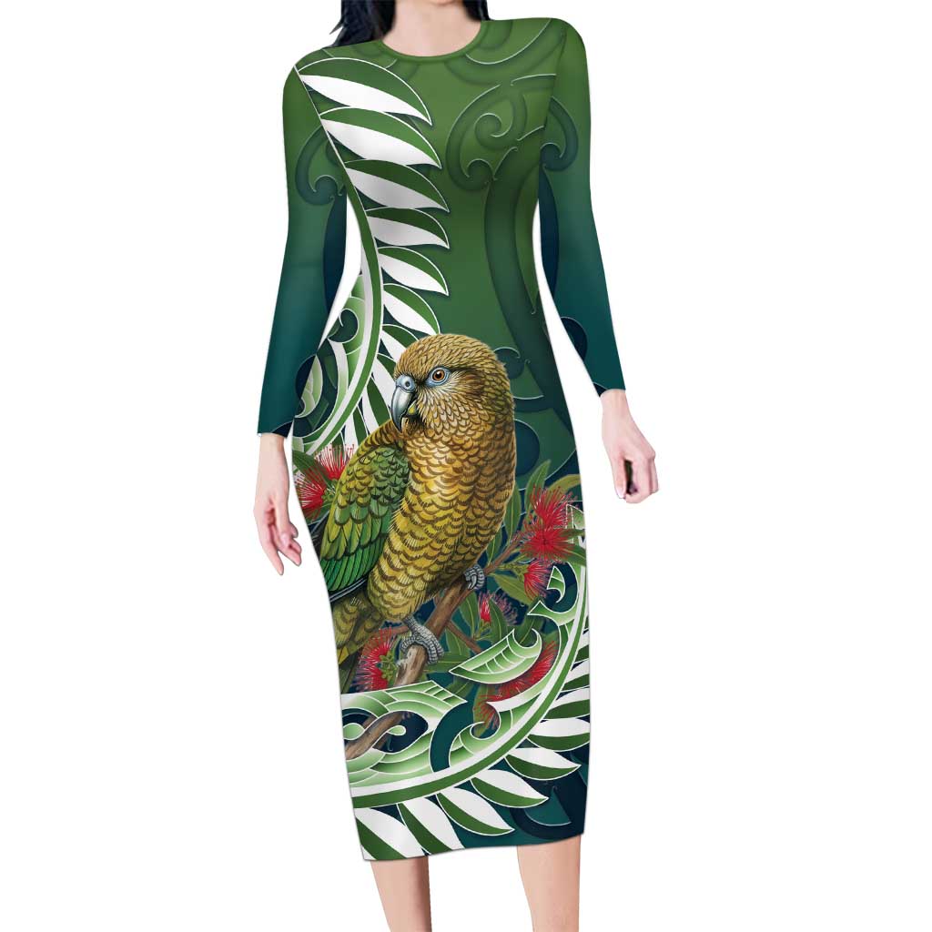 New Zealand Kea Bird Long Sleeve Bodycon Dress With Maori Koru Fern LT05 Long Dress Green - Polynesian Pride