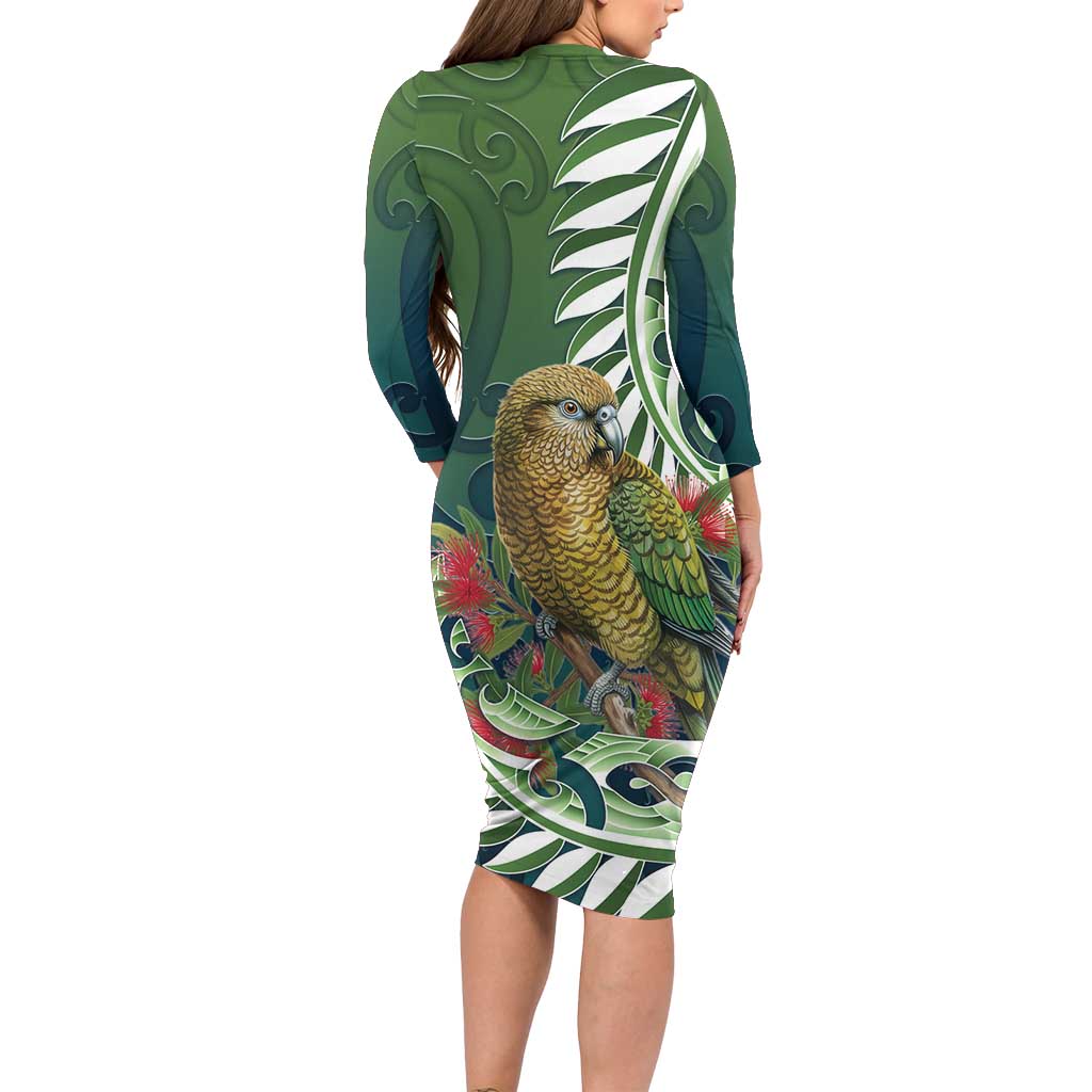 New Zealand Kea Bird Long Sleeve Bodycon Dress With Maori Koru Fern LT05 - Polynesian Pride