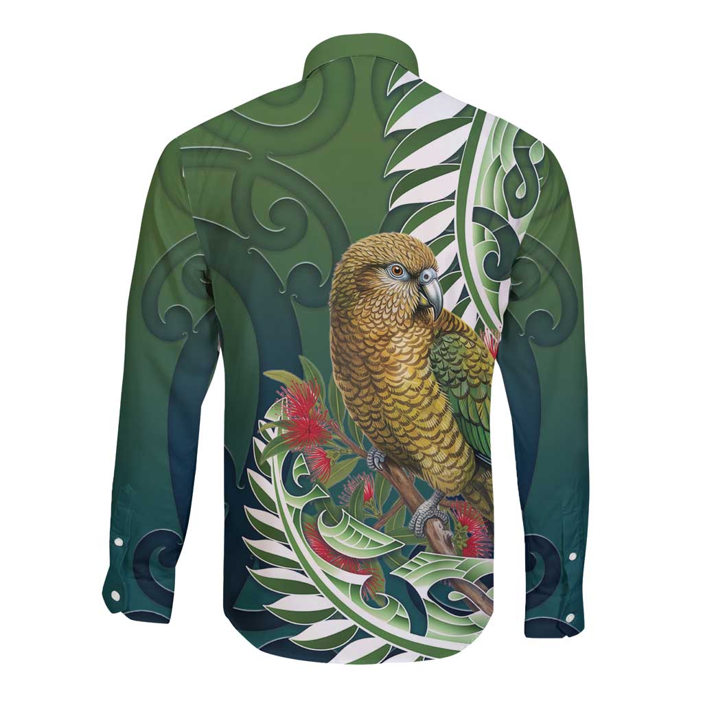 New Zealand Kea Bird Long Sleeve Button Shirt With Maori Koru Fern - Polynesian Pride