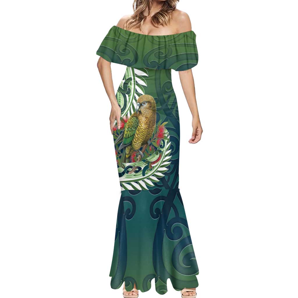 New Zealand Kea Bird Mermaid Dress With Maori Koru Fern LT05 - Polynesian Pride