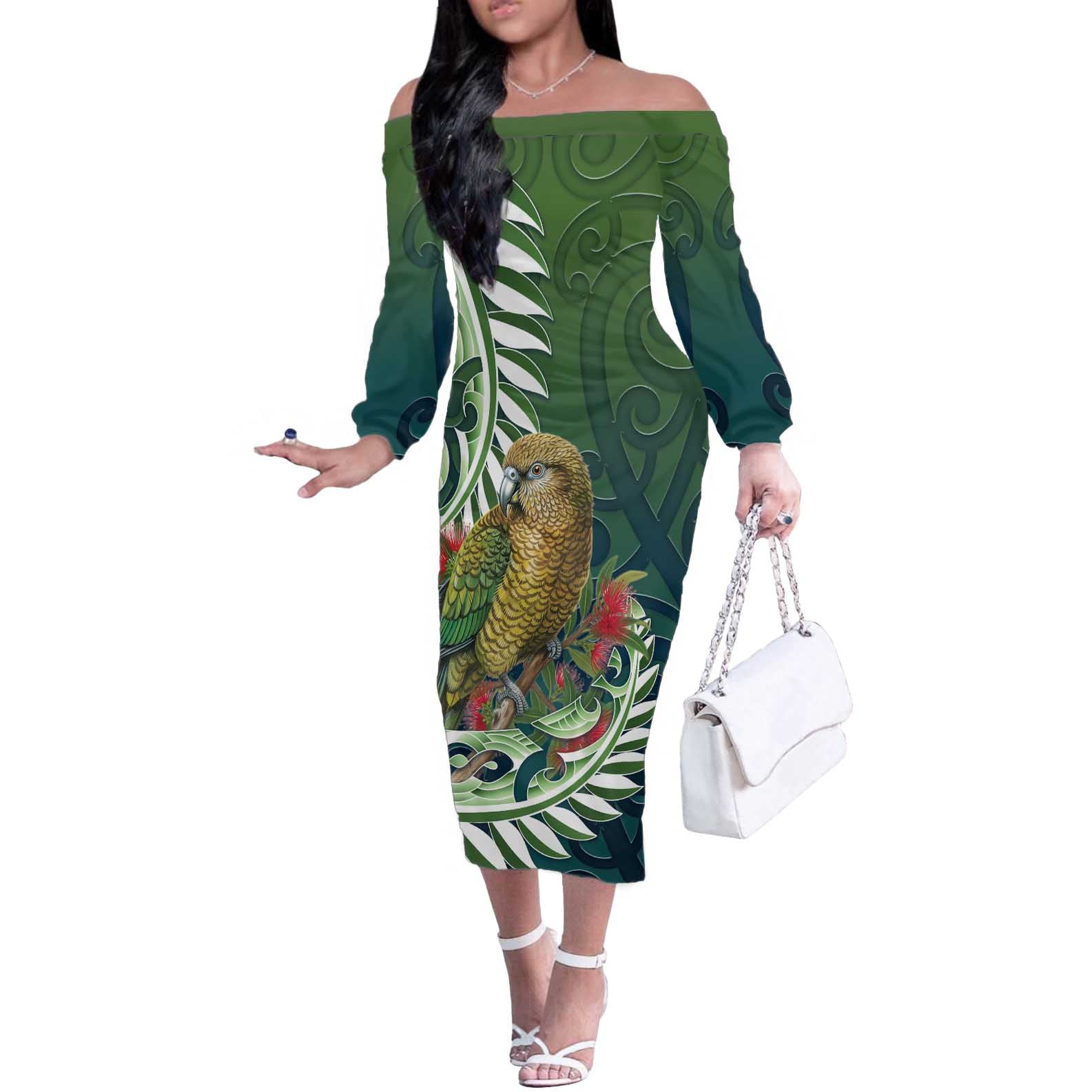 New Zealand Kea Bird Off The Shoulder Long Sleeve Dress With Maori Koru Fern - Polynesian Pride