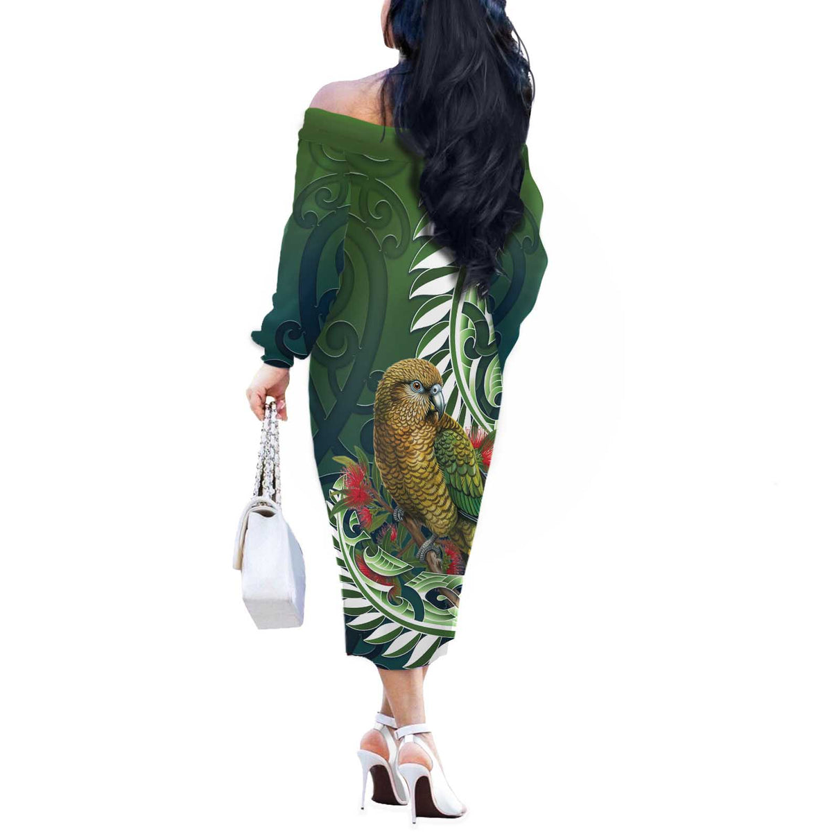 New Zealand Kea Bird Off The Shoulder Long Sleeve Dress With Maori Koru Fern LT05 - Polynesian Pride
