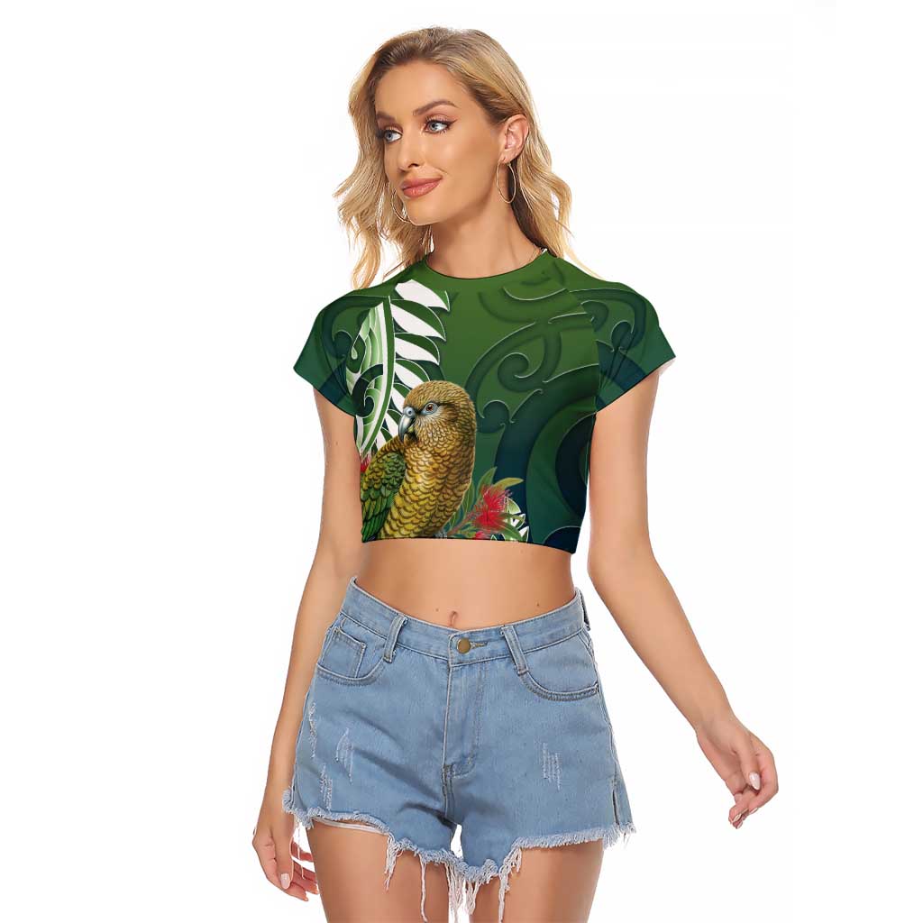 New Zealand Kea Bird Raglan Cropped T Shirt With Maori Koru Fern LT05 Female Green - Polynesian Pride