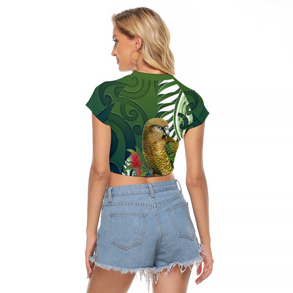 New Zealand Kea Bird Raglan Cropped T Shirt With Maori Koru Fern LT05 - Polynesian Pride