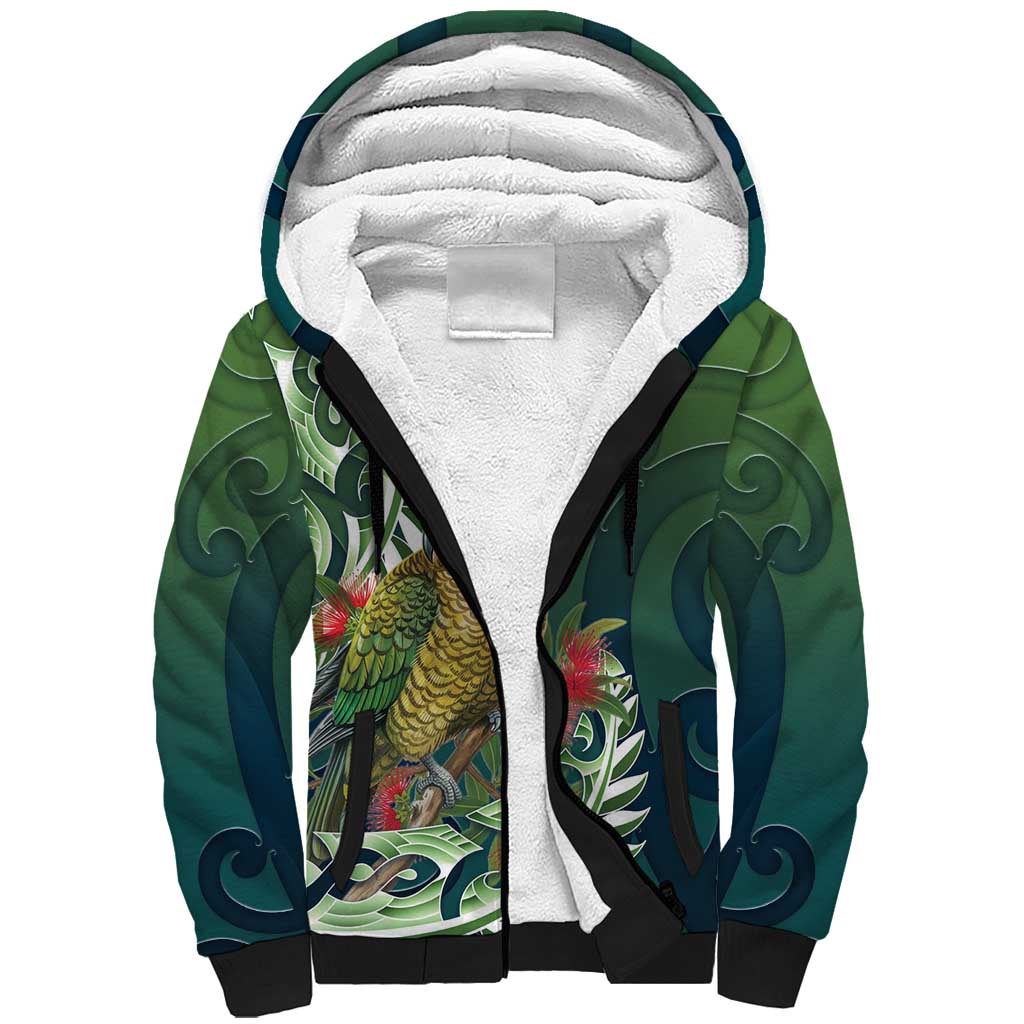 New Zealand Kea Bird Sherpa Hoodie With Maori Koru Fern LT05 Unisex Green - Polynesian Pride