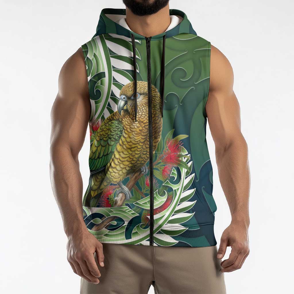 New Zealand Kea Bird Sleeveless Zip Hoodie With Maori Koru Fern LT05 - Polynesian Pride