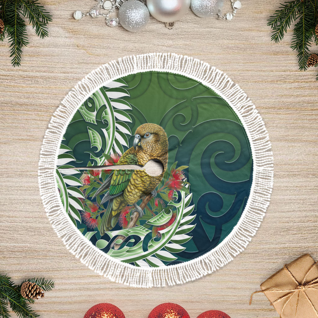 New Zealand Kea Bird Tree Skirt With Maori Koru Fern LT05 Fringed Green - Polynesian Pride
