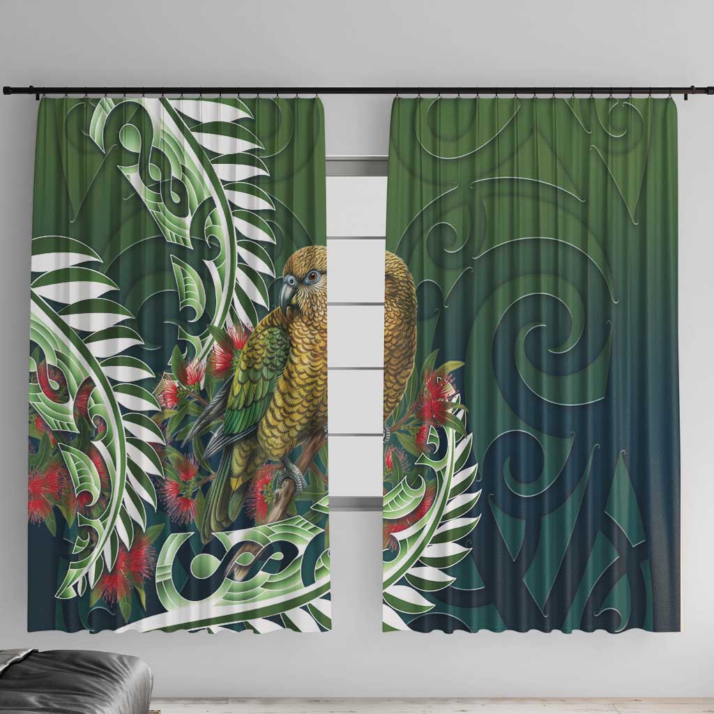 New Zealand Kea Bird Window Curtain With Maori Koru Fern LT05 With Hooks Green - Polynesian Pride