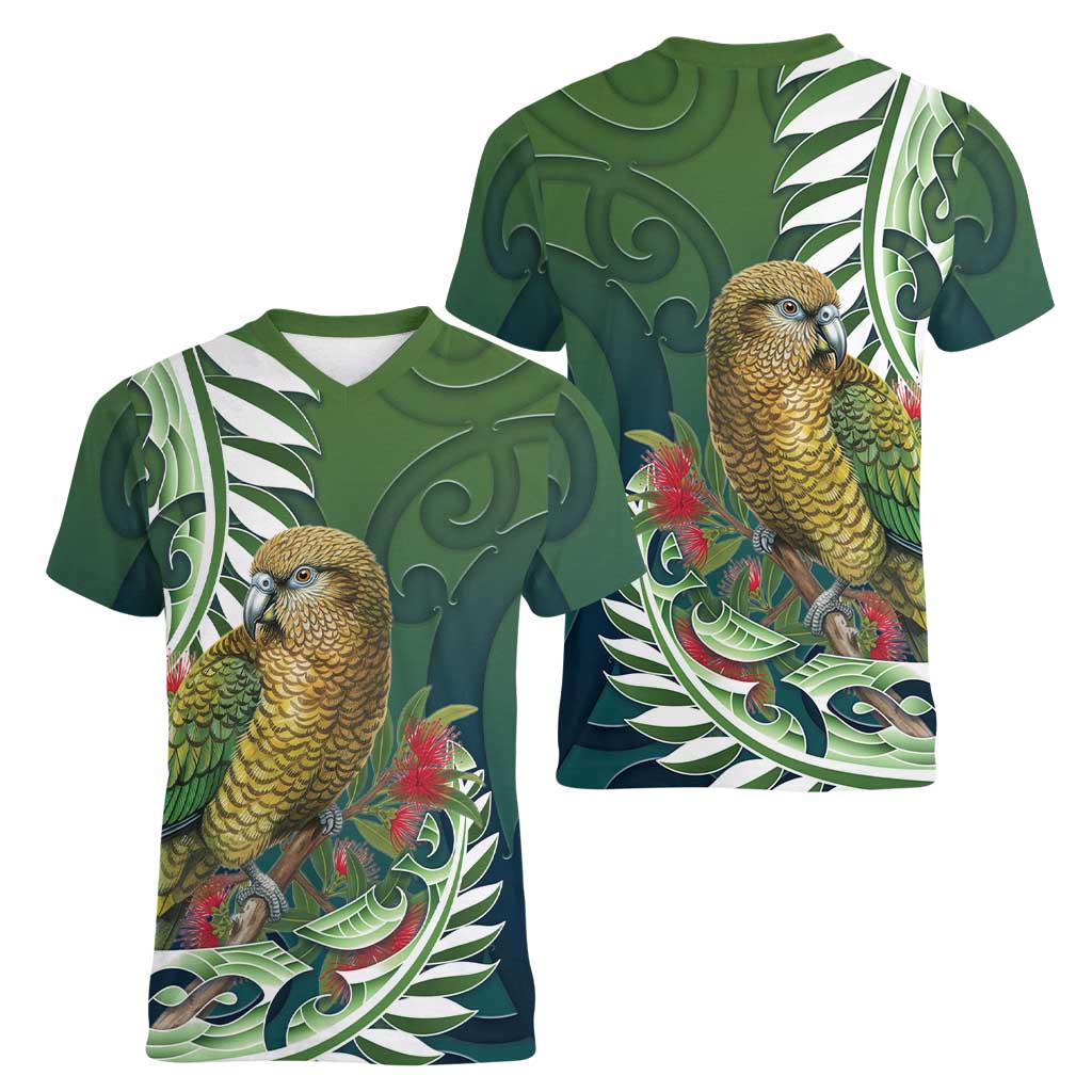 New Zealand Kea Bird Women V-Neck T-Shirt With Maori Koru Fern LT05 - Polynesian Pride