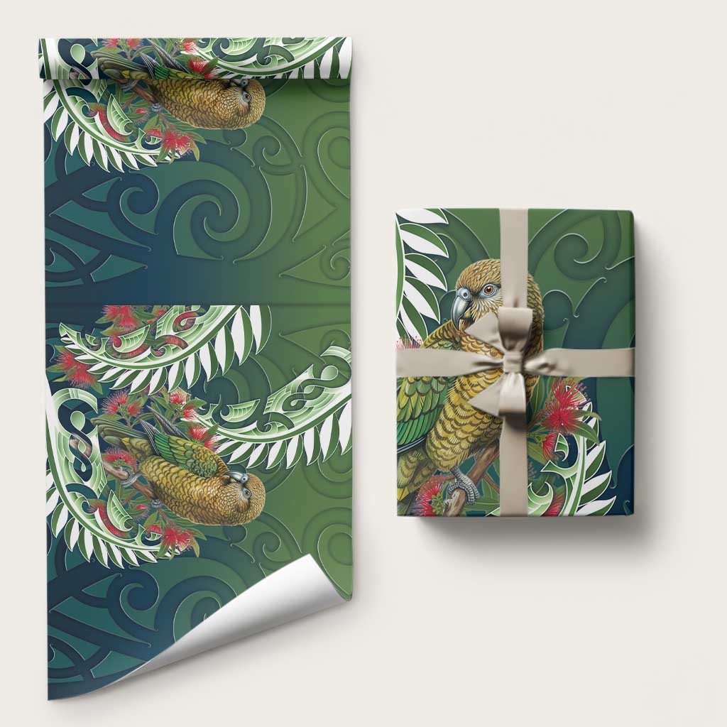 New Zealand Kea Bird Wrapping Paper With Maori Koru Fern LT05 58" × 23" Green - Polynesian Pride