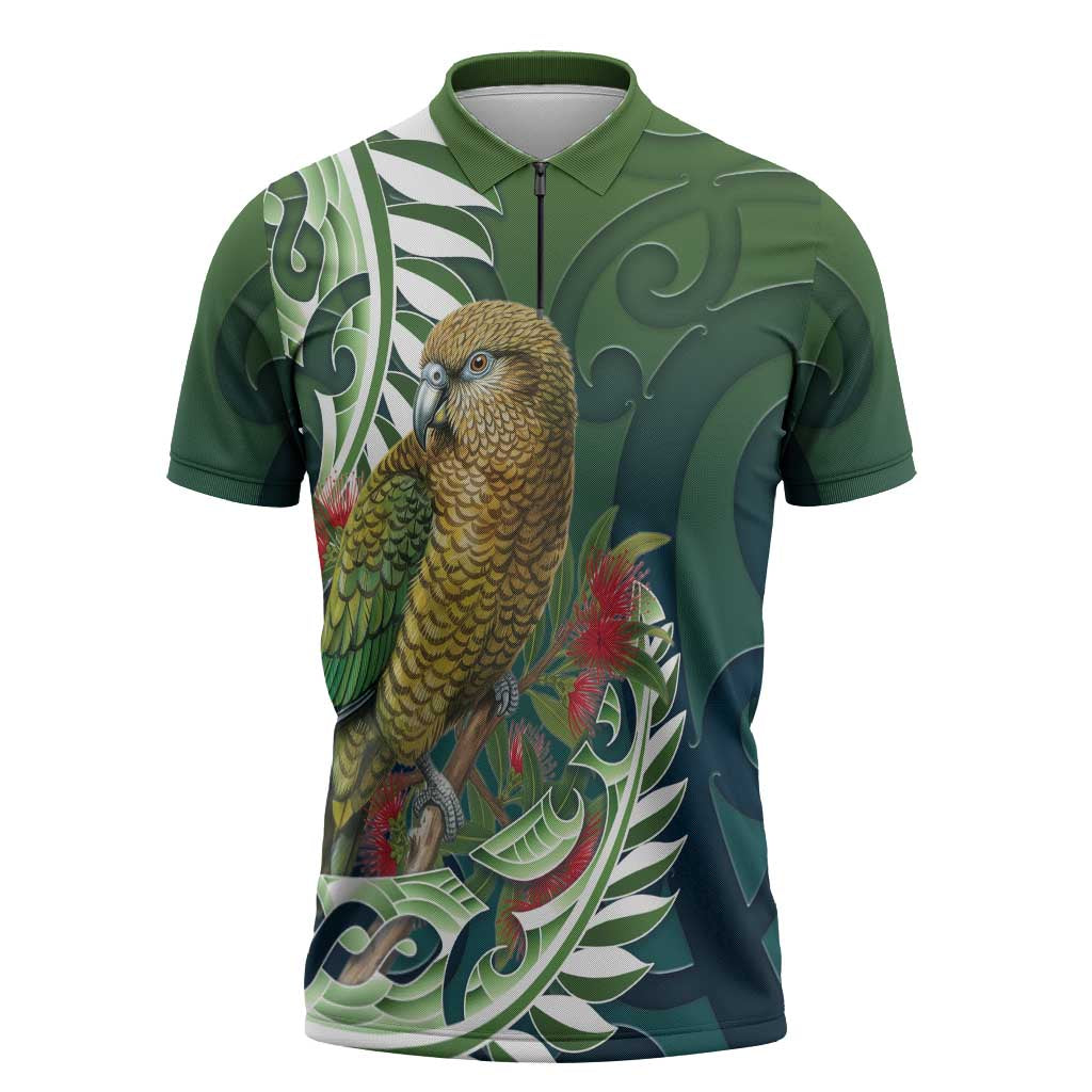 New Zealand Kea Bird Zipper Polo Shirt With Maori Koru Fern LT05 Green - Polynesian Pride
