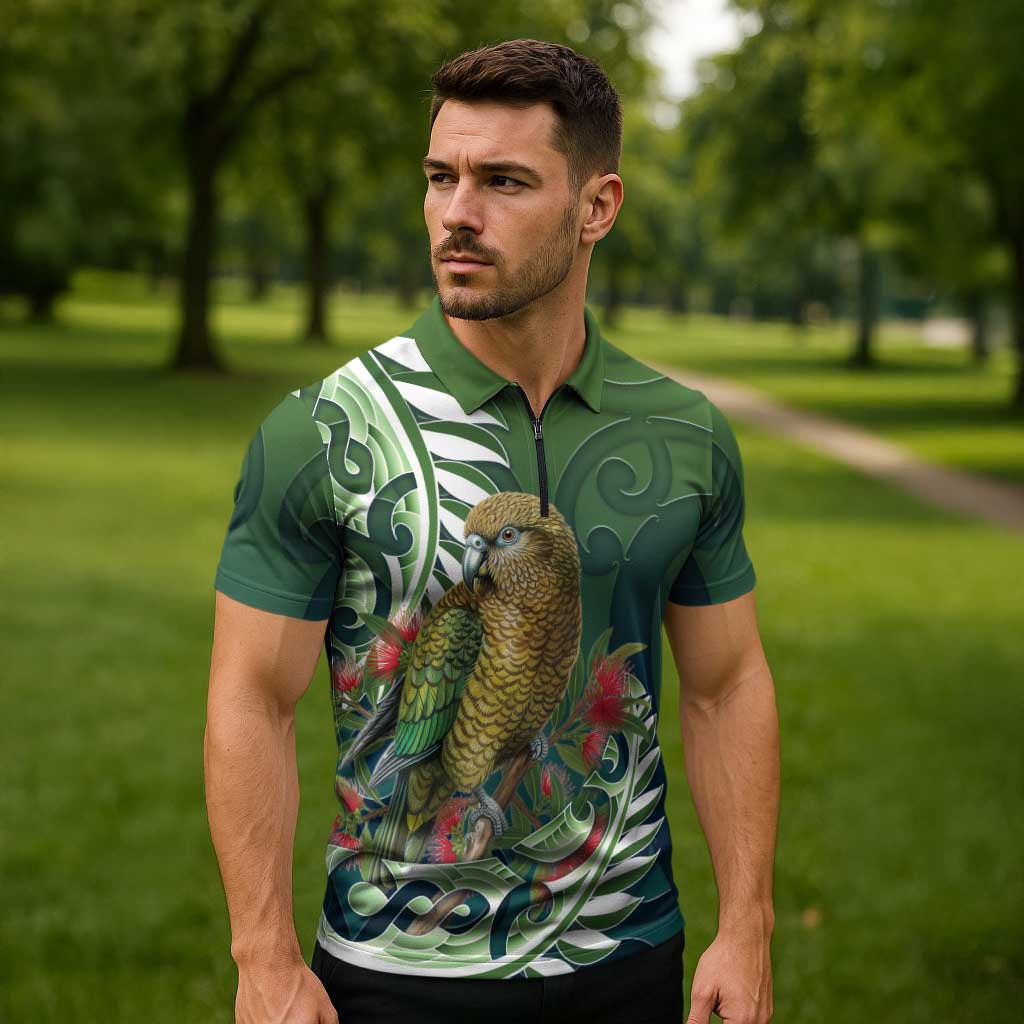 New Zealand Kea Bird Zipper Polo Shirt With Maori Koru Fern LT05 - Polynesian Pride