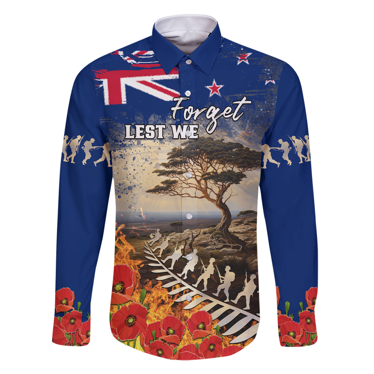 New Zealand ANZAC Day Family Matching Long Sleeve Bodycon Dress and Hawaiian Shirt The Lonesome Pine With Soldier Fern LT05 Dad's Shirt - Long Sleeve Blue - Polynesian Pride