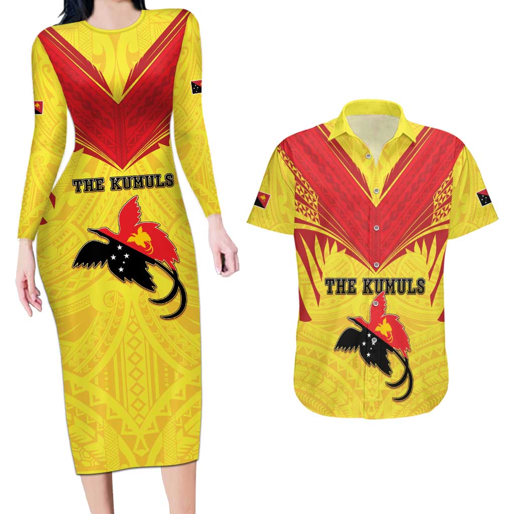 Papua New Guinea Rugby Custom Couples Matching Long Sleeve Bodycon Dress and Hawaiian Shirt Kumuls Heritage LT05 Yellow - Polynesian Pride