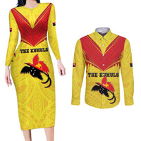 Papua New Guinea Rugby Custom Couples Matching Long Sleeve Bodycon Dress and Long Sleeve Button Shirt Kumuls Heritage LT05 Yellow - Polynesian Pride