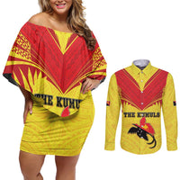 Papua New Guinea Rugby Custom Couples Matching Off Shoulder Short Dress and Long Sleeve Button Shirt Kumuls Heritage LT05 Yellow - Polynesian Pride