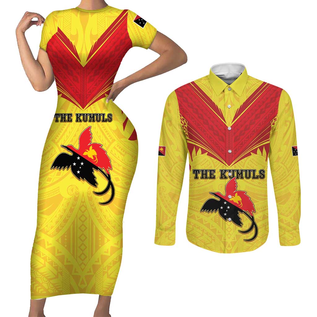 Papua New Guinea Rugby Custom Couples Matching Short Sleeve Bodycon Dress and Long Sleeve Button Shirt Kumuls Heritage LT05 Yellow - Polynesian Pride
