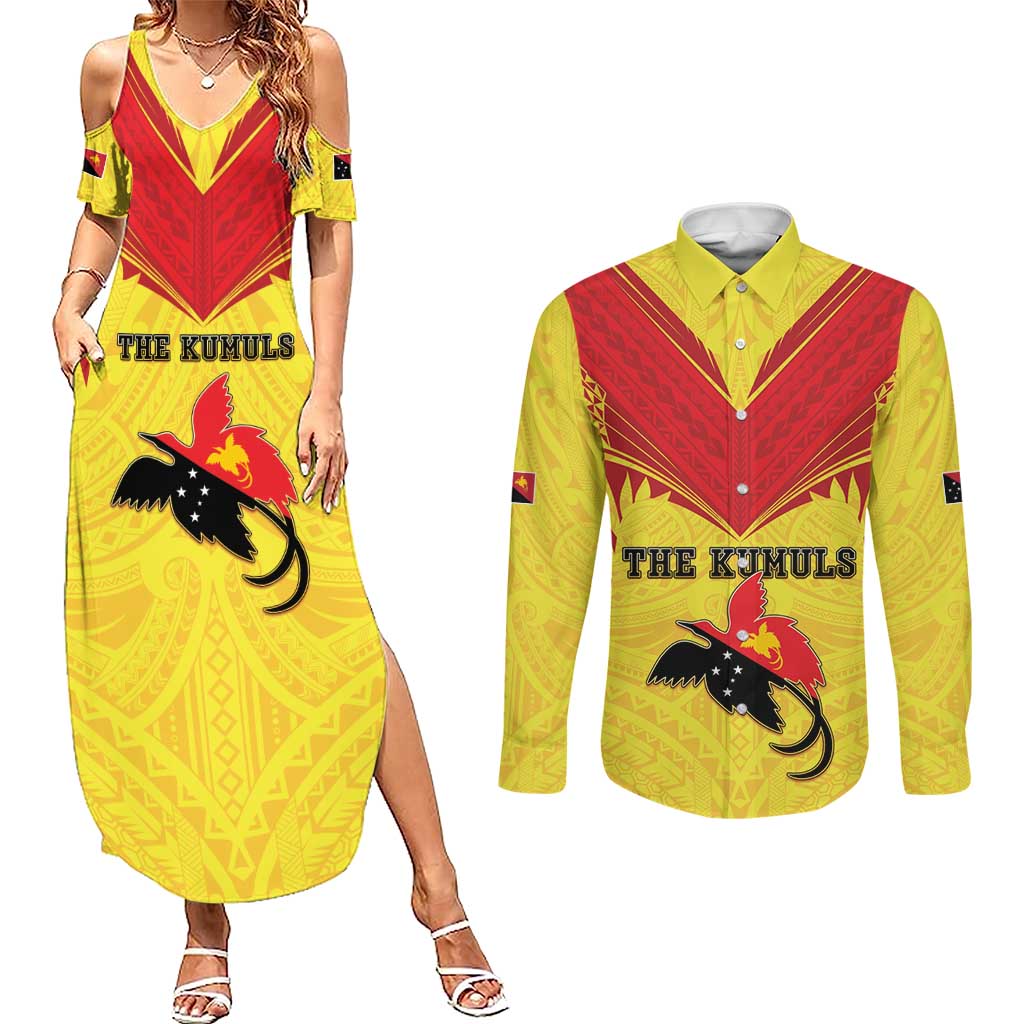 Papua New Guinea Rugby Custom Couples Matching Summer Maxi Dress and Long Sleeve Button Shirt Kumuls Heritage LT05 Yellow - Polynesian Pride