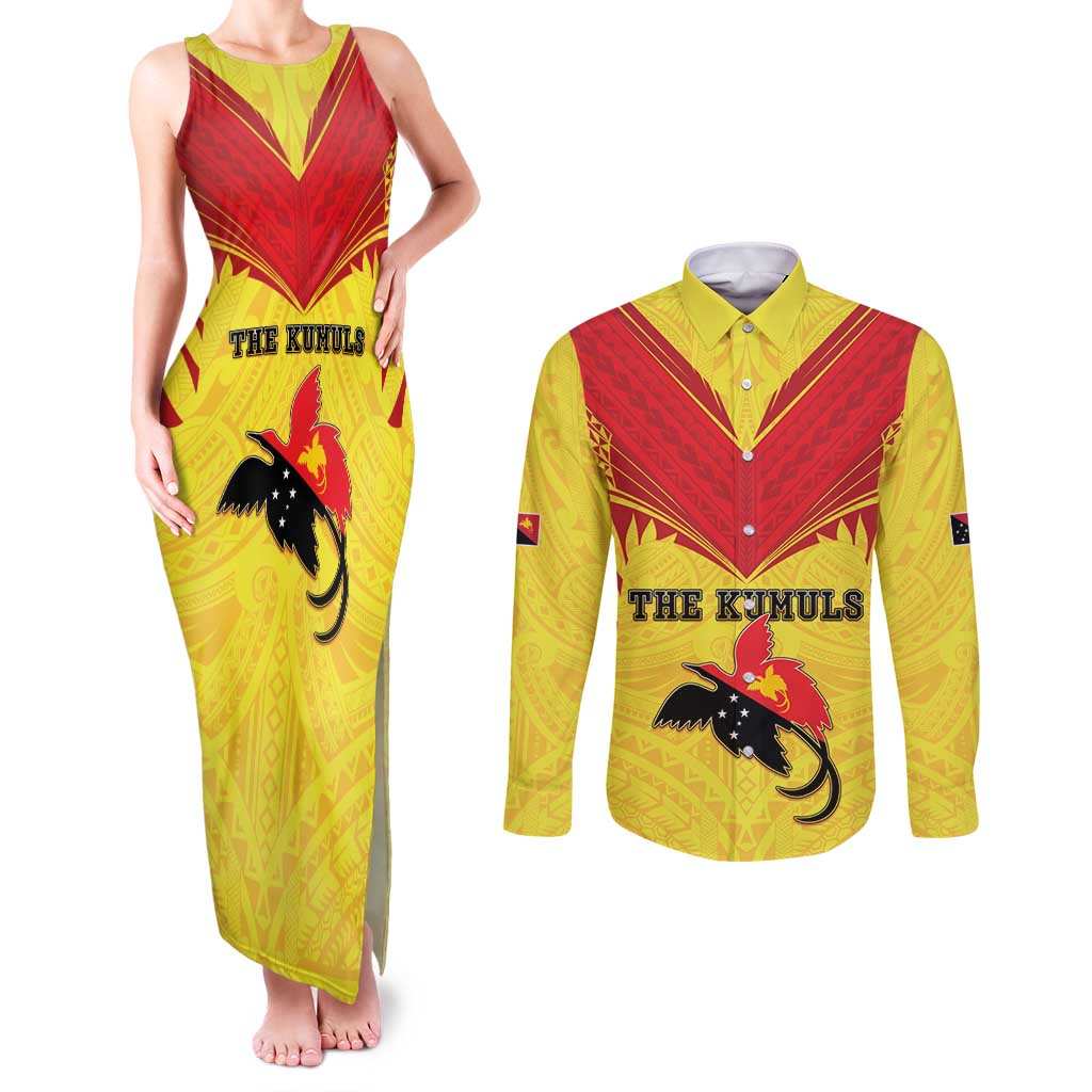 Papua New Guinea Rugby Custom Couples Matching Tank Maxi Dress and Long Sleeve Button Shirt Kumuls Heritage LT05 Yellow - Polynesian Pride