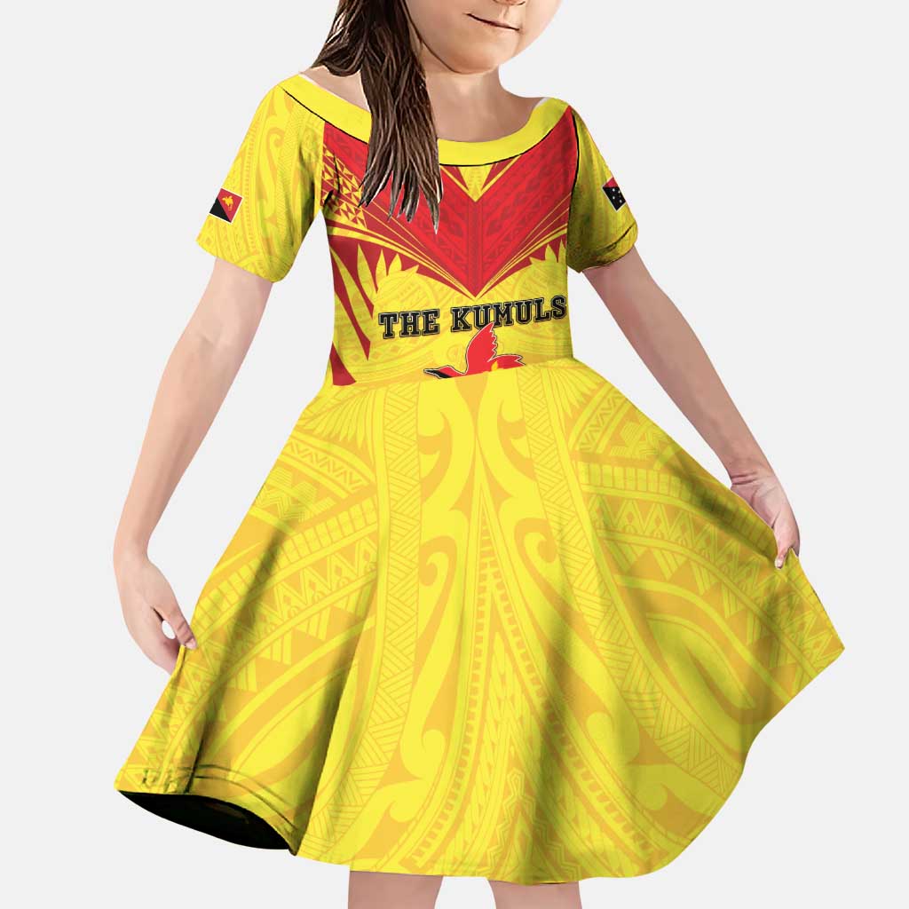 Papua New Guinea Rugby Custom Family Matching Off Shoulder Short Dress and Hawaiian Shirt Kumuls Heritage LT05 Daughter's Dress Yellow - Polynesian Pride