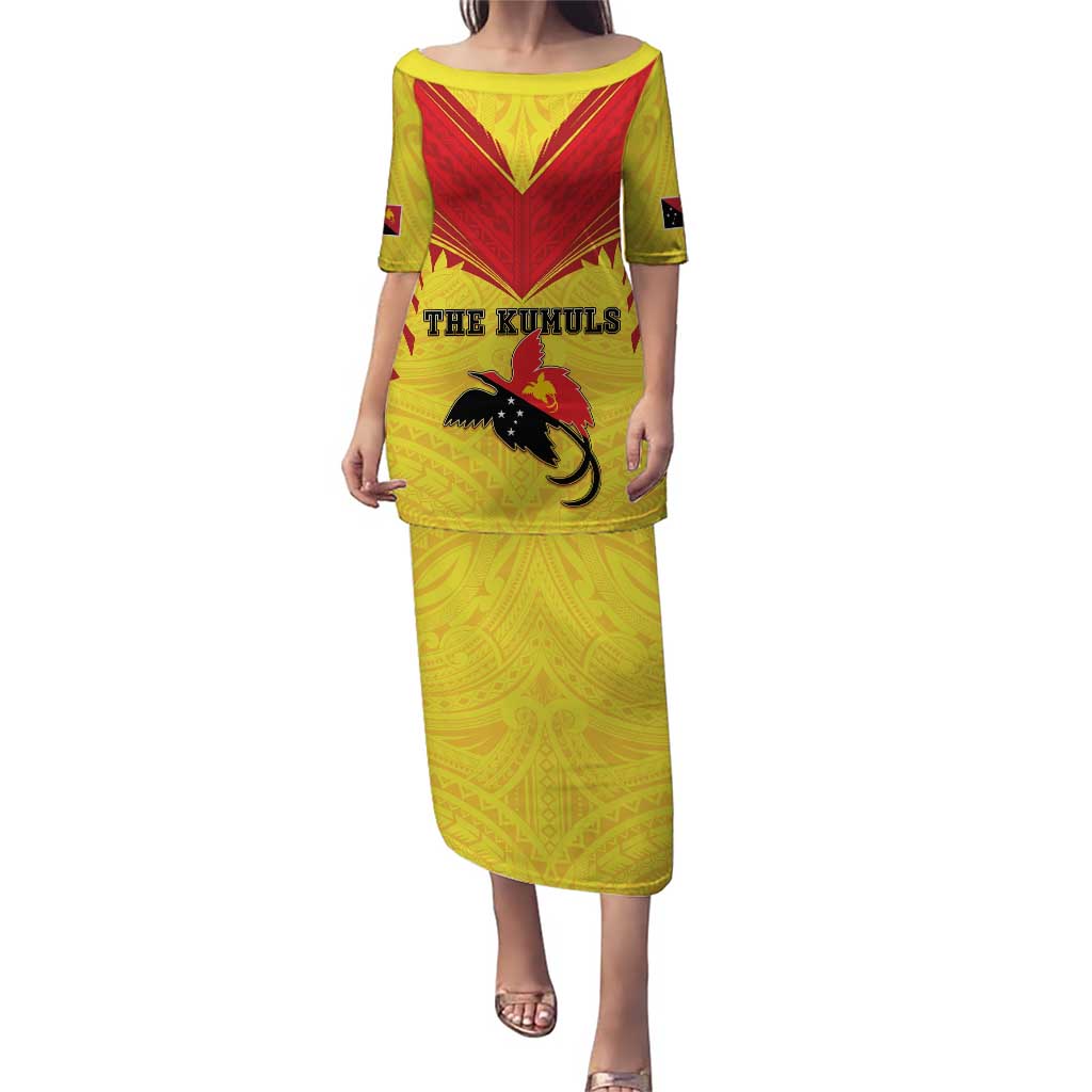 Papua New Guinea Rugby Custom Family Matching Puletasi and Hawaiian Shirt Kumuls Heritage LT05 Mom's Dress Yellow - Polynesian Pride