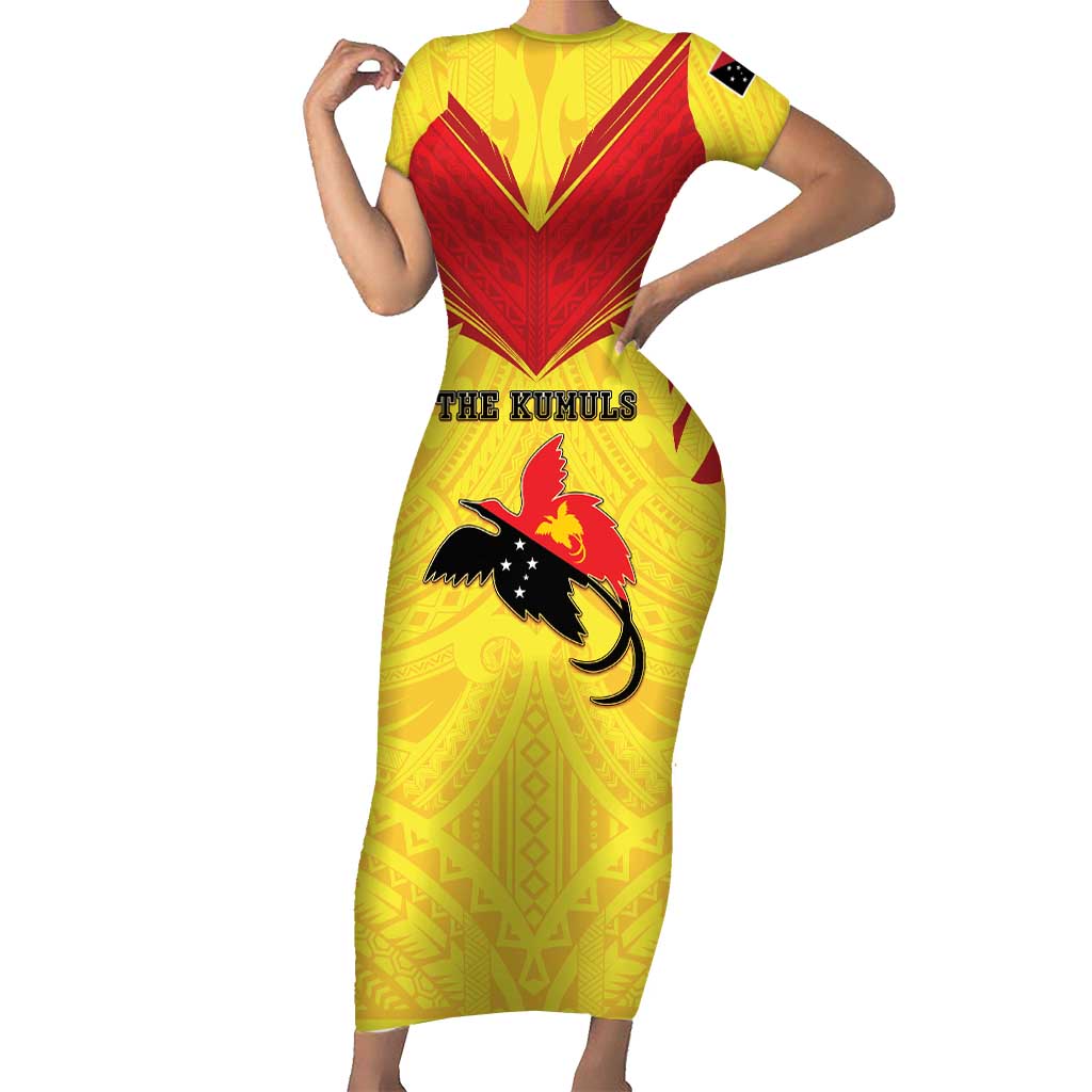Papua New Guinea Rugby Custom Family Matching Short Sleeve Bodycon Dress and Hawaiian Shirt Kumuls Heritage LT05 Mom's Dress Yellow - Polynesian Pride