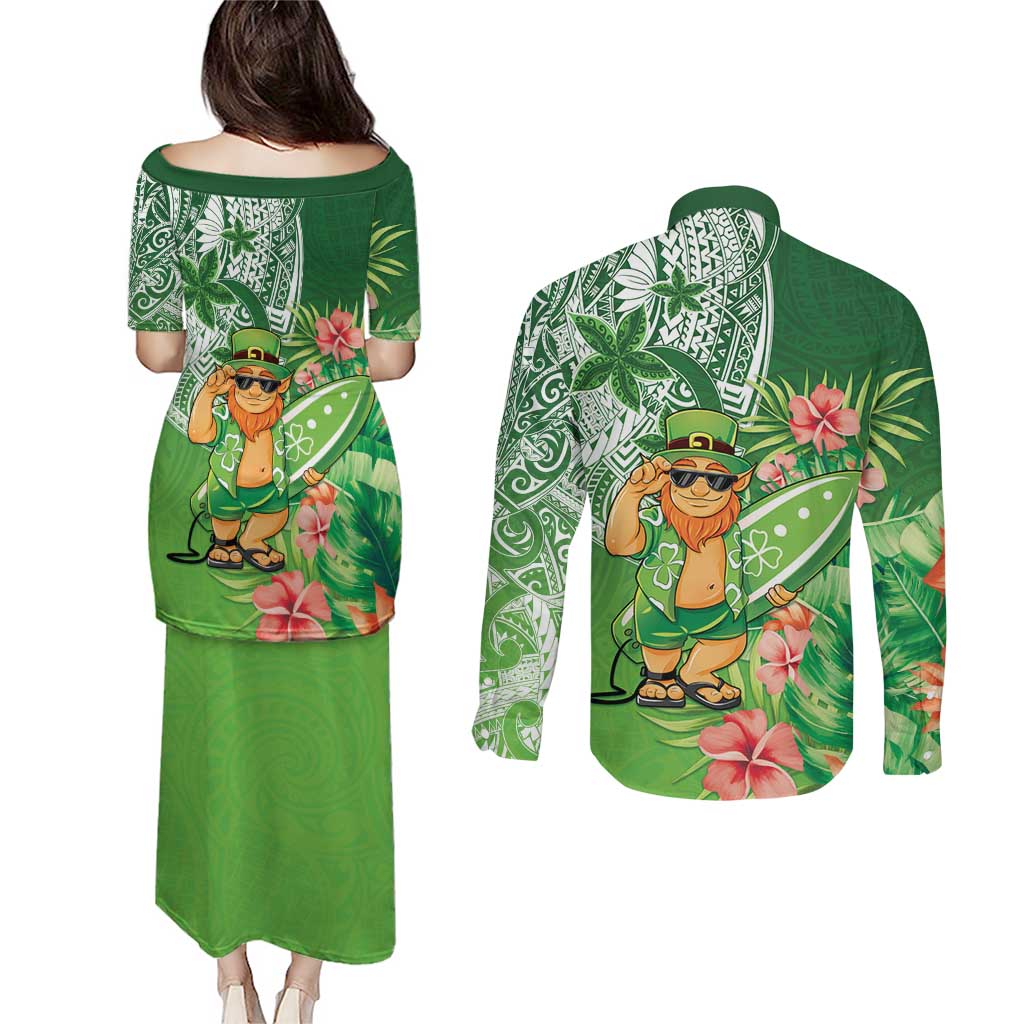 Aloha Hawaii St Patrick's Day Couples Matching Puletasi and Long Sleeve Button Shirt Polynesian Style