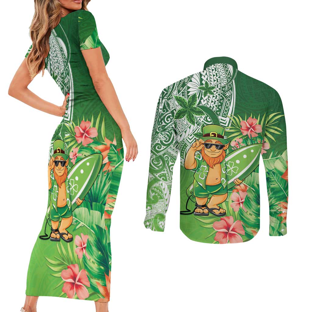 Aloha Hawaii St Patrick's Day Couples Matching Short Sleeve Bodycon Dress and Long Sleeve Button Shirt Polynesian Style