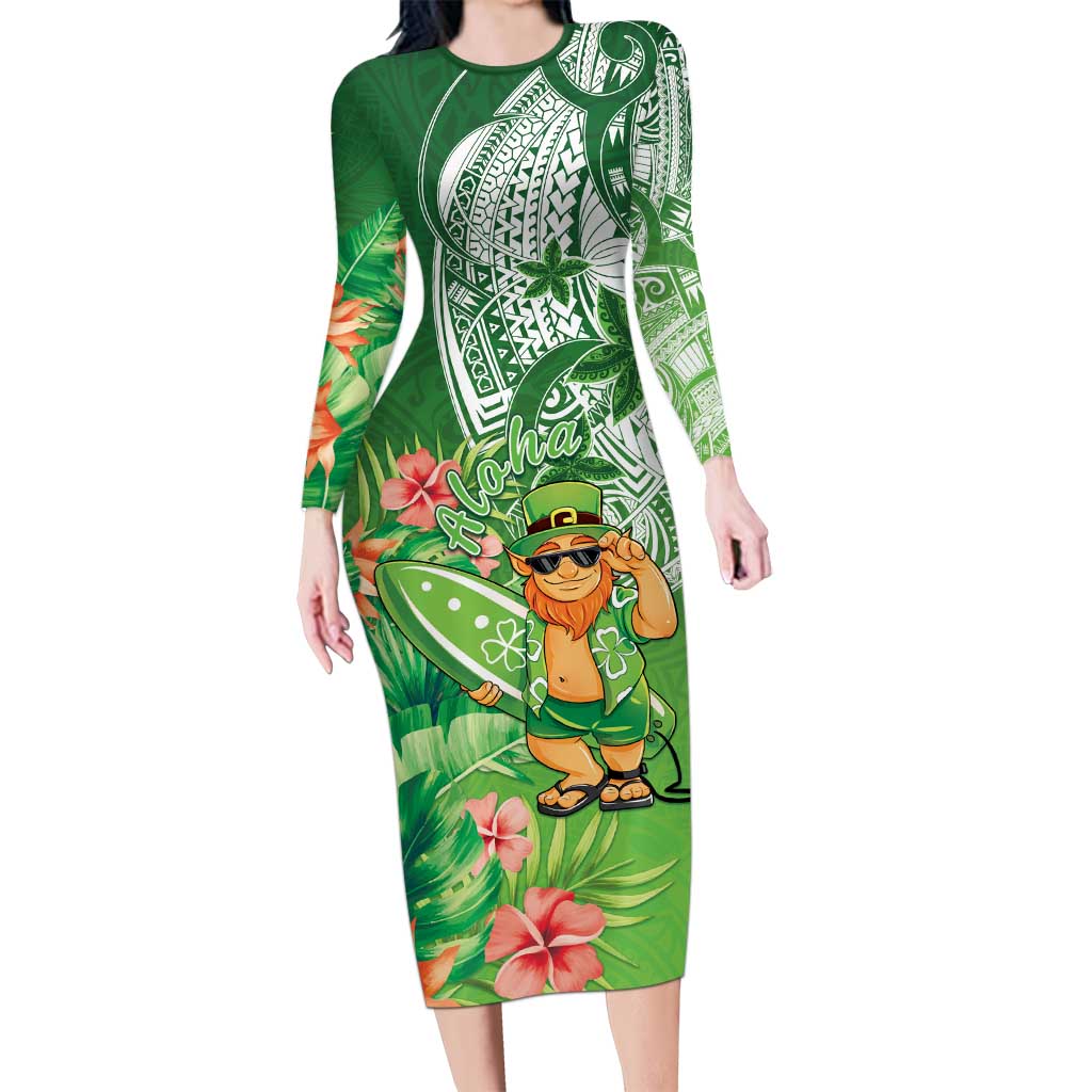 Aloha Hawaii St Patrick's Day Family Matching Long Sleeve Bodycon Dress and Hawaiian Shirt Polynesian Style LT05 Mom's Dress Green - Polynesian Pride